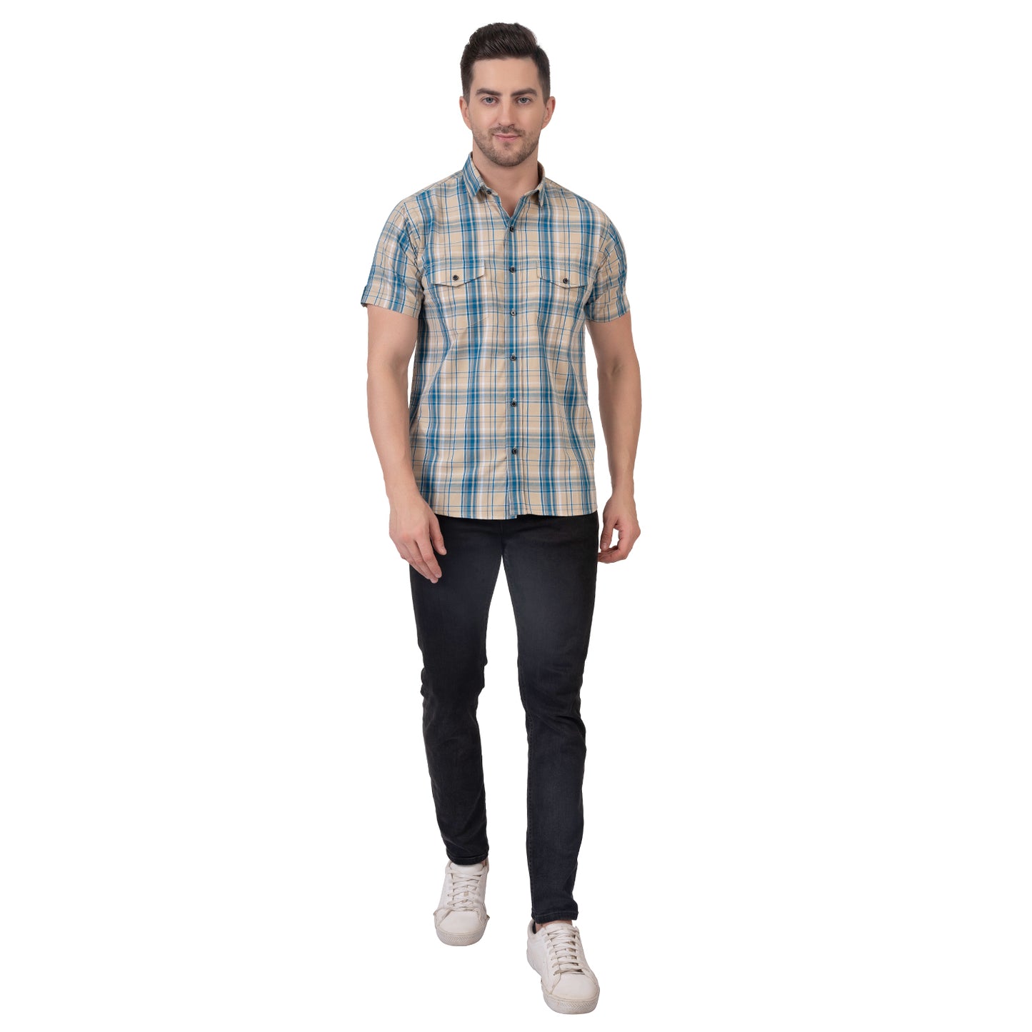 Half Sleeve Cotton Chequered Shirt (Yellow/Teal Blue)