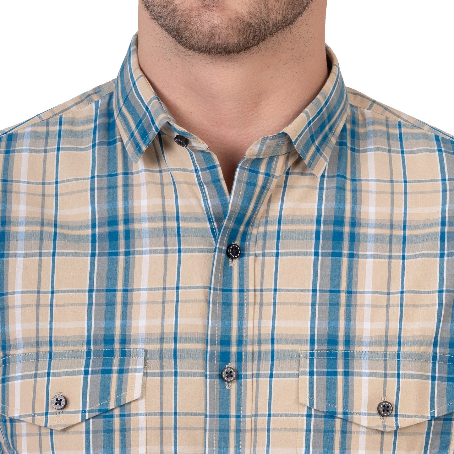 Half Sleeve Cotton Chequered Shirt (Yellow/Teal Blue)