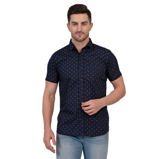 Half Sleeve Printed Cotton Shirt (Navy Blue)