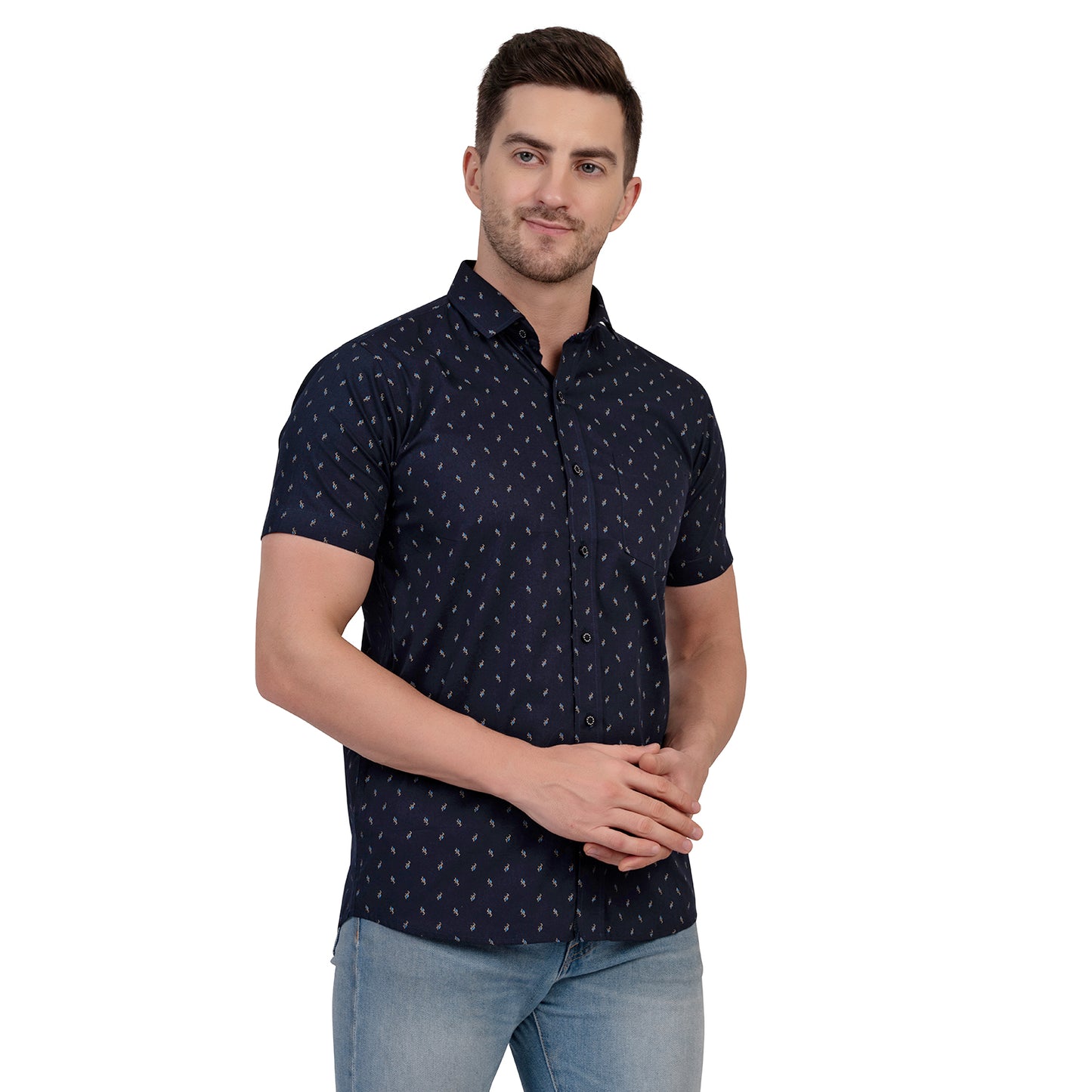 Half Sleeve Printed Cotton Shirt (Navy Blue)