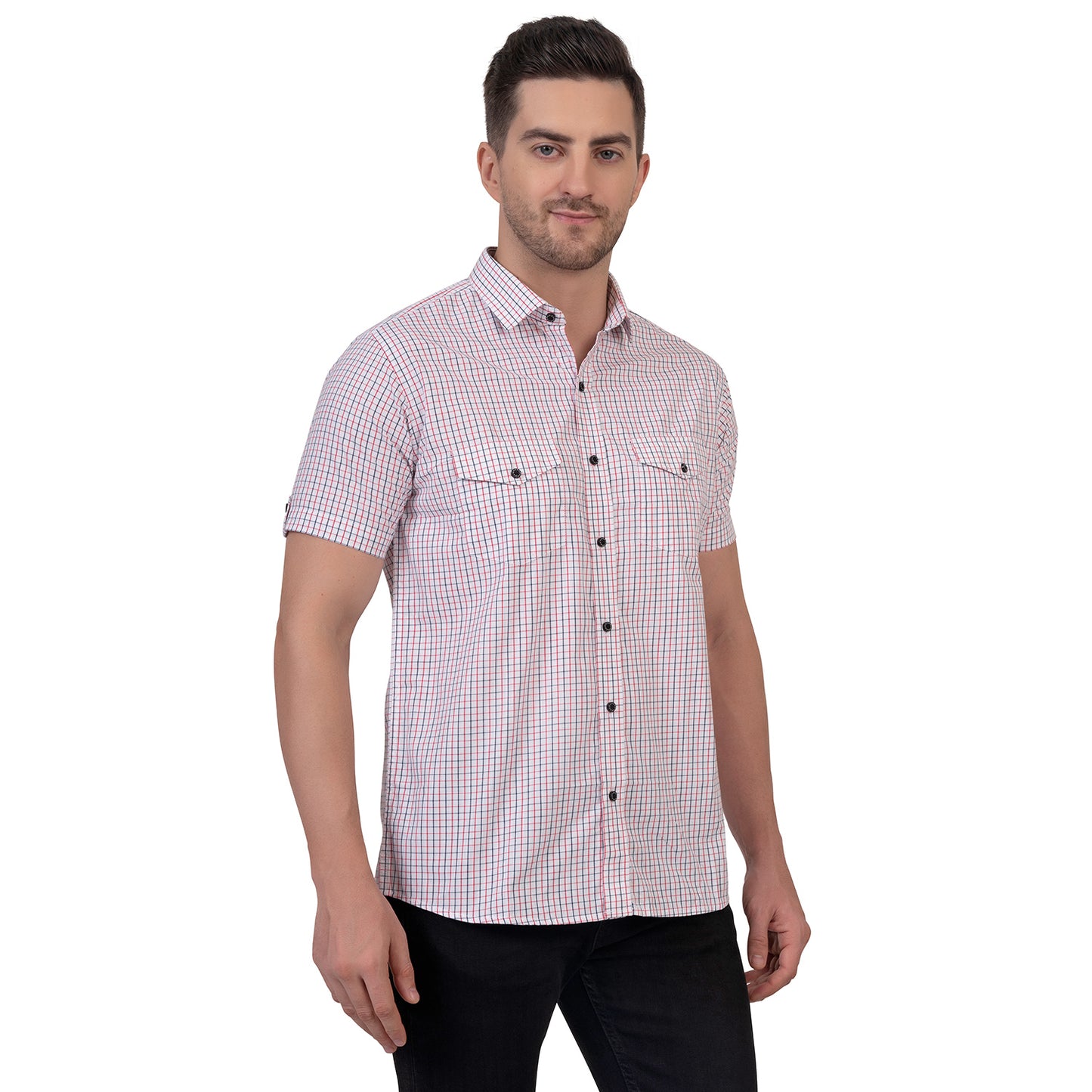 Half Sleeve Cotton Chequered Shirt (Dawn Pink) – GB Vogue